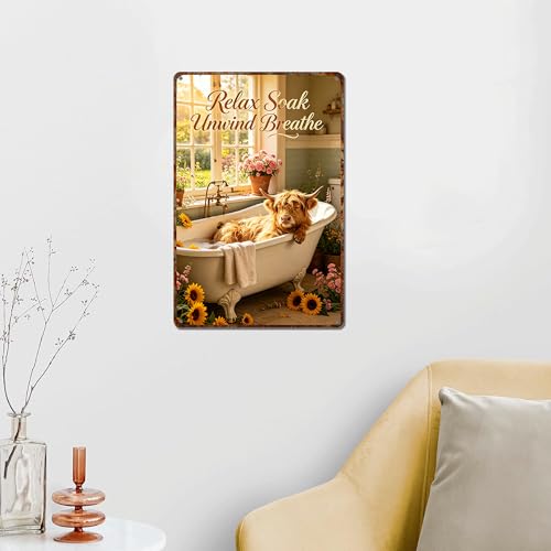 Highland Cow Bathroom Metal Tin Sign, Farmhouse Bathroom Wall Art, Home Decor Indoor Outdoor Gift 8×12 In - color: M2030-Cow1-10