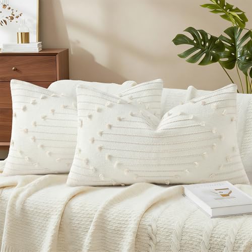 Mecatny Boho Outdoor Throw Pillow Covers 12x20 Set of 2 Beige & Cream White - color: Beige, size: 20" x 12" (Pack of 2)
