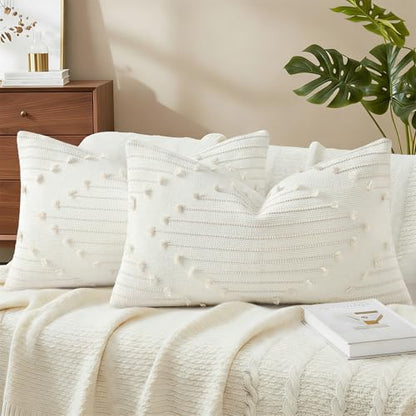 Mecatny Boho Outdoor Throw Pillow Covers 12x20 Set of 2 Beige & Cream White - color: Beige, size: 20" x 12" (Pack of 2)