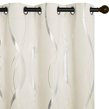 NICETOWN Bedroom Curtains Small Blackout Panels, Beige, Set of 2, 42 by 40 Inch, Window Treatment Thermal Insulated Solid Grommet Blackout Wave Line Foil Print Design Curtains for Kitchen, Cafe, Loft - color: 1 - Beige, size: 42"W x 40"L (Pack of 2)