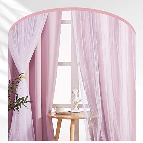 Light Pink Blackout Curtains with White Sheer Overlay for Girls Bedroom - color: Light Pink, size: 52"W x 63"L (Pack of 2)
