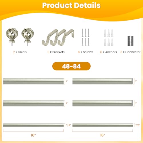 Ycolnaefllr Nickel Twisted Cage Curtain Rod, Heavy Duty Adjustable 48-84" - color: Brushed Nickel, size: 16-96"