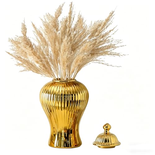 Ginger Jars for Home Decor, Large Handmade Porcelain Vases with Lid, 12in Gold Ceramic Flower Vases, Vintage Vase with Lid for Centerpieces, Table Decor, Tea Storage - color: Gold, size: 12 Inch