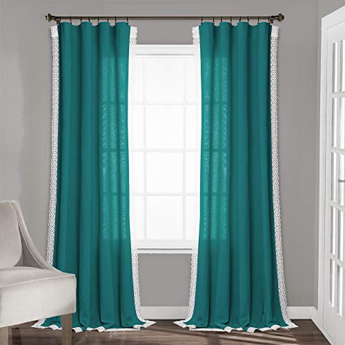 Lush Decor Rosalie Light Filtering Window Curtain Panel Set- Pair- Vintage Farmhouse & French Country Style Curtains - Timeless Dreamy Drape - Romantic Lace Trim - 54" W x 84" L, Turquoise - color: Turquoise, size: 54"W x 84"L (Pack of 2), style: Window P