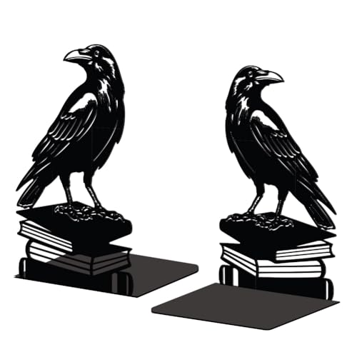 Peacoblue 5.3"x4.3"x7.9" Metal Bookends, Heavy Duty Book Ends for Shelves - style: Crow on Book Stack