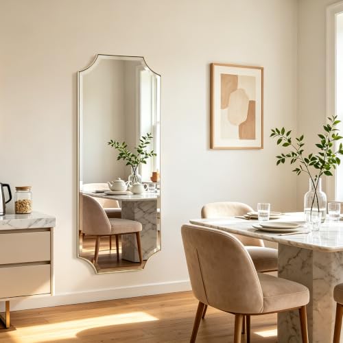 POZINO 48"x18" Premium Brushed Gold Rectangle Wall Mirror with Beveled Edge - color: Brushed Gold Scalloped, size: 48"L x 18"W