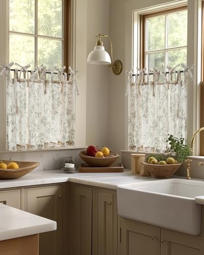 jinchan Green Floral Kitchen Tier Curtains Alice 24 Inches Tie Top 2 Panles - color: Alice Green on Linen, size: 26"W x 24"L (Pack of 2)