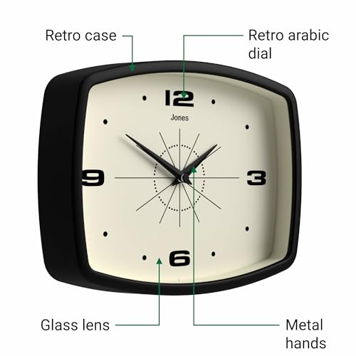 JONES CLOCKS® Movie wall Clock | Rectangular Retro Clock | 10" | Black - color: Black