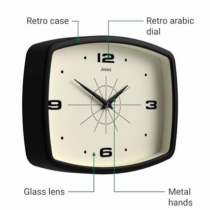 JONES CLOCKS® Movie wall Clock | Rectangular Retro Clock | 10" | Black - color: Black