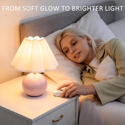 Small Bedside Table Lamp, 11.8'' Ceramic Stepless Dimmable Lamp (Pink) - color: Pink