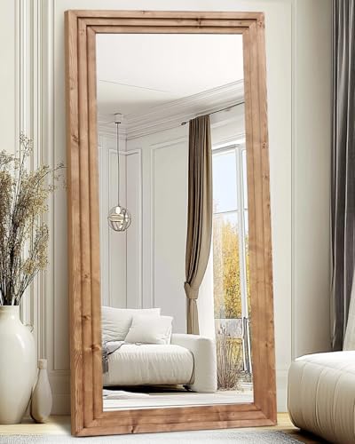 76x34in Full Length Mirror, 3-Tier Stepped Solid Wood Frame - color: Light Brown, size: 76"L x 34"W