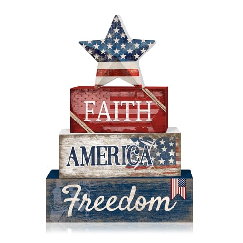 Britimes Tiered Tray Decor Set, 4 Pack, Wooden Table Sign, Patriotic 4th - style: Star