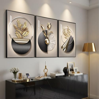 Large Framed Modern Elegant Wall Art for Living Room, 3 Piece 24x36 In - color: Golden Bloom Series, size: 24" W x 36" H x 3 pieces