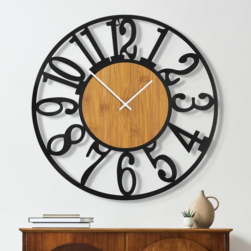 Maxstar Large Round Wall Clock for Living Room Decor Battery Operated Non Ticking Black Metal Wood Clocks for Home Living Room Garden Office Kitchen Decoration -32 inch - color: Wood-arabic Numerals, size: 32 Inch