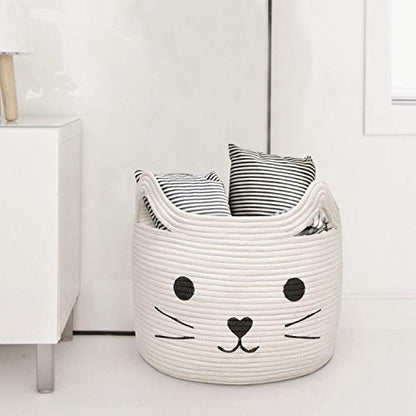 Large Woven Rope Cat Toy Basket with Cat Face Design, White - color: White, size: 15.7"W x 11.8"H