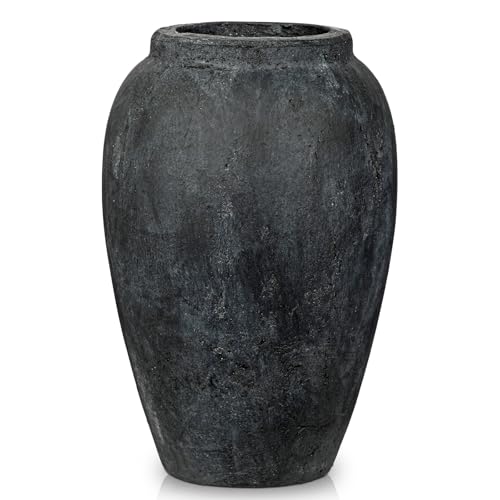 Handcrafted Flower Vase, 10.5" Tall Terracotta Vintage Black Ceramic Vases, Rustic Antique Vase Décor, Wide Mouth, Matte Finish for Home Office Resto Café Décor - color: Lightslategray 10.5"