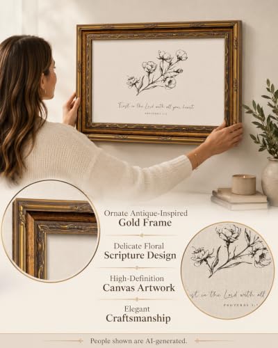 Vintage Gold Framed Floral Wall Art, Christian Bible Verse, 12 x 16 in - color: Sketch Floral, size: 16"L x 12"W