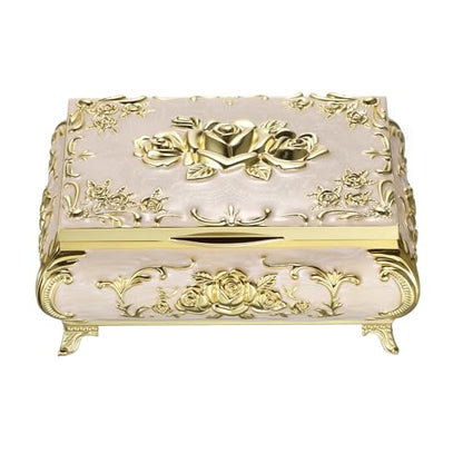 Hipiwe Metal Jewelry Organizer Box Antique Treasure Box with Rose Pattern - color: Gold, size: Medium