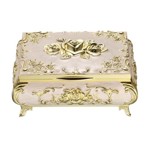 Hipiwe Metal Jewelry Organizer Box Antique Treasure Box with Rose Pattern - color: Gold, size: Medium