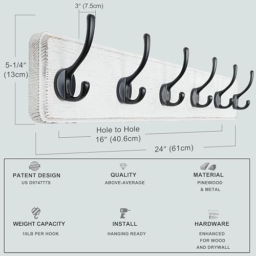 Dseap Coat Rack Wall: 24" Long, Patented, Heavy-Duty, 6-Double-Hooks Wooden Wall Mounted Coat Rack Coat Hanger Hook Rail for Winter Coats Hat Jacket Clothing, White & Black - color: White & Black, size: L=24"(1pcs)
