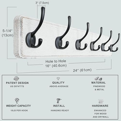 Dseap Coat Rack Wall: 24" Long, Patented, Heavy-Duty, 6-Double-Hooks Wooden Wall Mounted Coat Rack Coat Hanger Hook Rail for Winter Coats Hat Jacket Clothing, White & Black - color: White & Black, size: L=24"(1pcs)