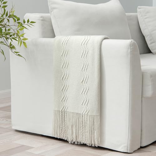 MIULEE Cream White Knitted Boho Throw Blanket for Couch 50"x60" - color: Cream White, size: 50" x 60"