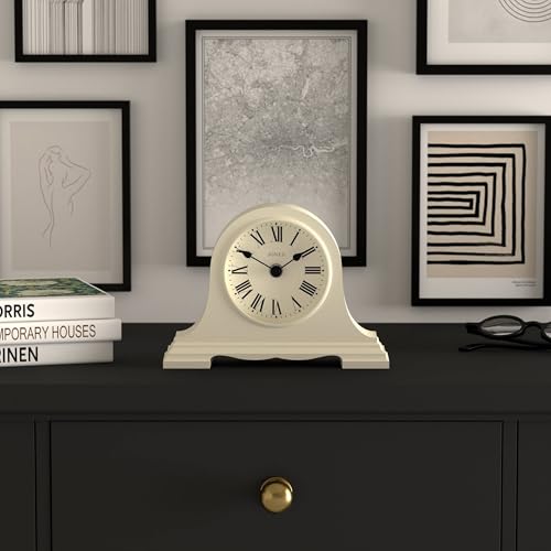 JONES CLOCKS® Speakeasy Small Mantel Clock | Classic Napoleon’s hat Design | Pale Cream | Roman Numerals | Traditional Style for Desk, Table, Shelf or Bedside - color: Linen White