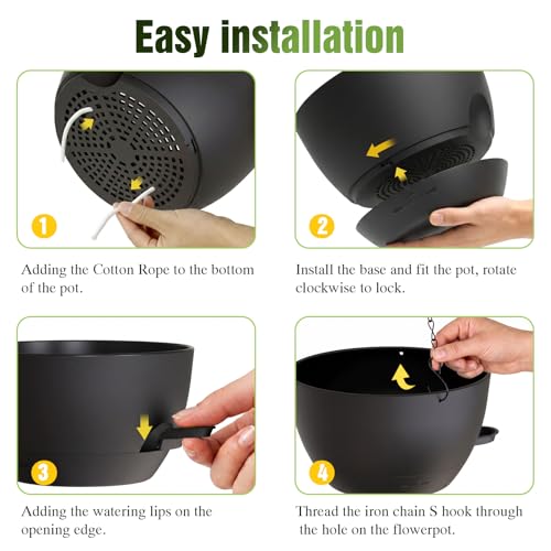 8 Inch Self Watering Hanging Planters Set of 3 with Saucers - color: Black, size: 8 Inch 3 Pack