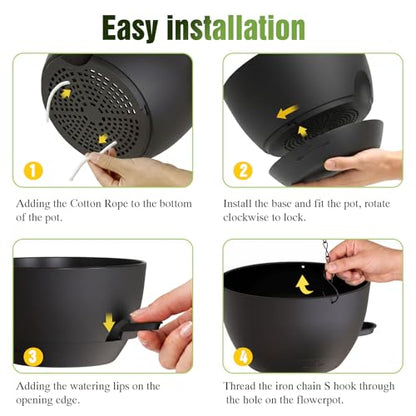 8 Inch Self Watering Hanging Planters Set of 3 with Saucers - color: Black, size: 8 Inch 3 Pack