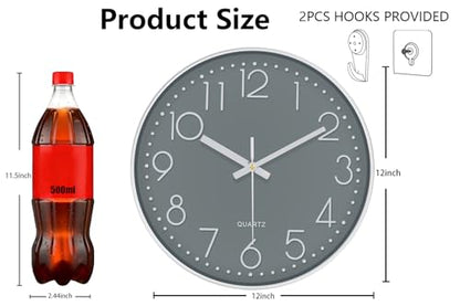 Modern Silent Wall Clock - 12 Inch Wall Clocks Battery Operated Large Number, Non-Ticking Analog Clock with Tempered Glass Quartz Clocks for Living Room Bedroom Office Kitchen, Grey - color: Gray, size: 12 Inch