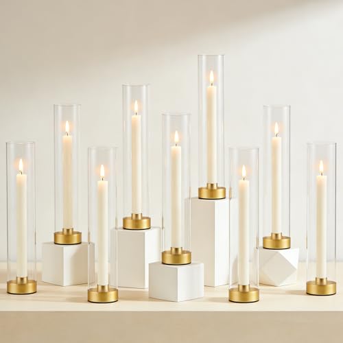 Hurricane Candle Holders Golden Taper Candle Sticks Holder, with 11" Thickened Glass Cylinder Covers Tall Candlesticks Holders Bulk Set of 10, Dining Table Centerpiece for Wedding - color: Clear