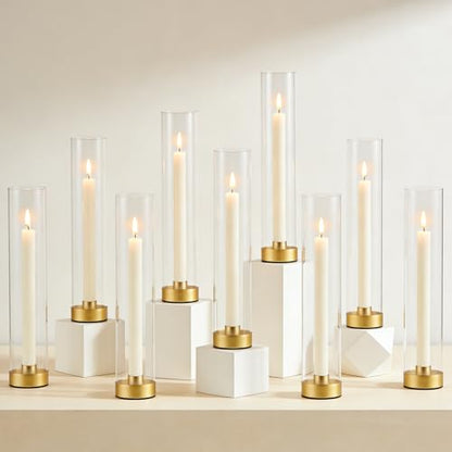 Hurricane Candle Holders Golden Taper Candle Sticks Holder, with 11" Thickened Glass Cylinder Covers Tall Candlesticks Holders Bulk Set of 10, Dining Table Centerpiece for Wedding - color: Clear