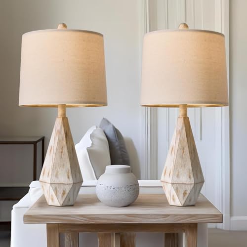 PoKat 23'' Farmhouse Table Lamps Set of 2, Beige Rustic Lamps for Living Bedroom Night Stands, Bedside Nightstands Living Room Table Lamps for End Side Table, Beige and White - color: Medium - Washed White
