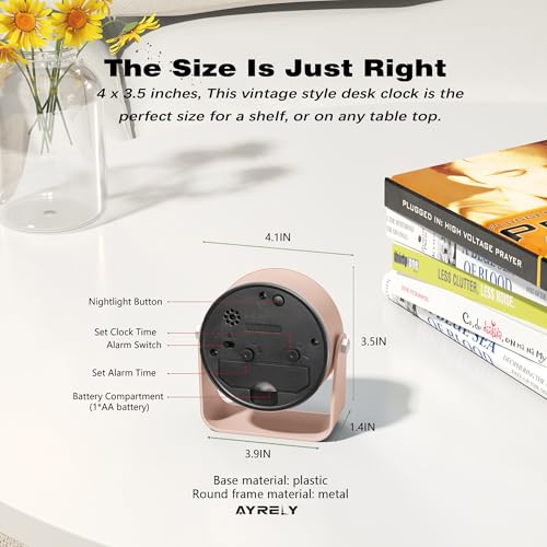 AYRELY® 3.5" Small Analog Travel Alarm Clock, Battery Operated Desk Clock - color: Pink