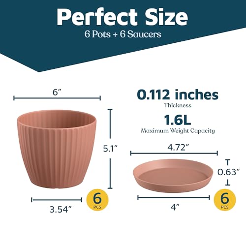 Pink 6-Inch Plant Pots with Drainage & Saucers 6 Pack, Indoor & Outdoor Planters for Houseplants, Herbs, and Flowers, Durable & Weatherproof Material, Stackable, Lightweight, Minimalist Design - color: Pink, size: Pack of 6