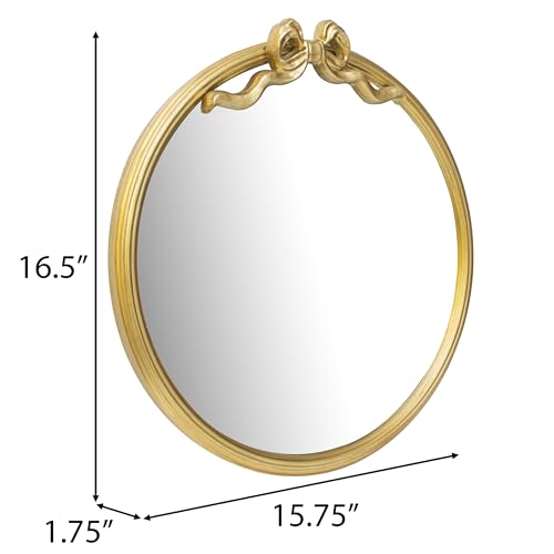 15.75" Gold Bow Decorative Round Mirror, Metal Frame Hanging Circle Mirror, Wall Mounted for Entryway, Bathroom, Vanity, Living Room