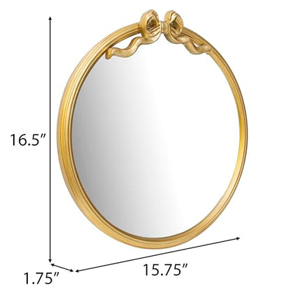15.75" Gold Bow Decorative Round Mirror, Metal Frame Hanging Circle Mirror, Wall Mounted for Entryway, Bathroom, Vanity, Living Room