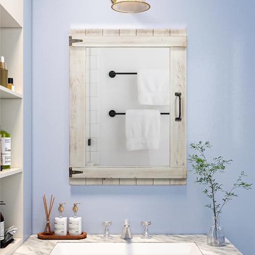 Oakrain Farmhouse Mirror, 24x32 Inch Distressed White Wood Frame with Black Metal Hinges, Rustic Wall Mirror for Bathroom, Living Room, Entryway, Bedroom - color: Distressed White-rectangular