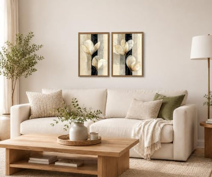 Framed Modern Neutral Black White Abstract Floral Canvas Wall Art Set of 2 - color: Beige, Black, Gold, Cream, White, size: 12"L x 16"W