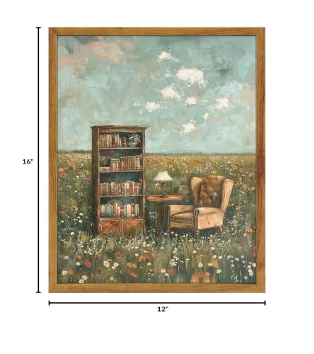 KBKBART Whimsical Book Lover Wall Art, Impressionist Flower Field Painting - color: Bookshelf, size: 16"L x 12"W