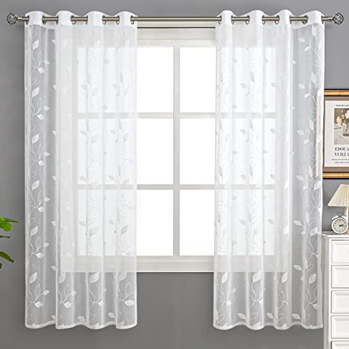 BGment White Sheer Curtains 63 Inches Long Living Room 2 Panels - color: White-foliage, size: 52"W x 63"L (Pack of 2)