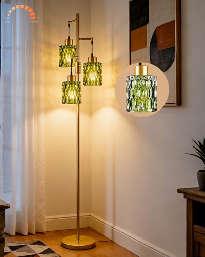 Lightdot Green Glass Floor Lamp Farmhouse Mid Century Standing Tall Lamp - color: 3 Green Glass-Gold G