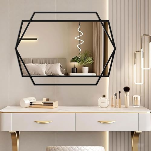 40''X30'' Hexagon Mirror Black Metal Framed Wall Mounted Geometric Bathroom Mirrors for Over Sink, Hexagon and Rectangular Mirror Vertical or Horizontal Hanging for Entryway, Living Room