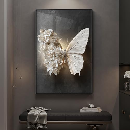 Large Framed Black and White Butterfly Floral Wall Art, 1 Piece 24x36 In - color: Black White Butterfly