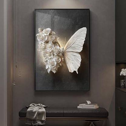 Large Framed Black and White Butterfly Floral Wall Art, 1 Piece 24x36 In - color: Black White Butterfly