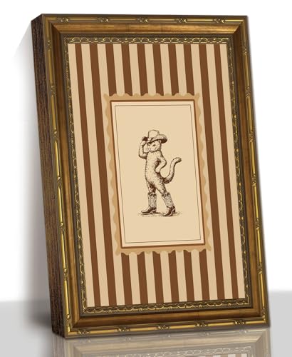 Vintage Cowboy Cat Animal Striped Gold Frame Wall Art Print Framed Artwork - color: Cowboy Cat, size: 16"L x 12"W
