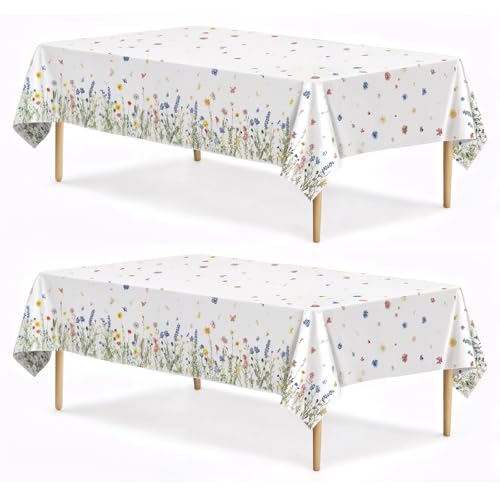 Spring Floral Party Tablecloth, 2 Pack Wildflower 54 x 108 Inch Tablecloth for Party Decorations, Butterfly Rectangular Table Cover, Disposable Plastic Table Cloth for Birthday and Celebration Event - color: Spring Floral