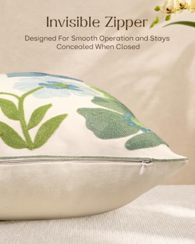 Embroidered Throw Pillow Covers 18x18 Inch, Set of 2, Teal Flower - color: Teal Flower, size: 18" x 18" (Pack of 2)