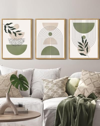 Drsoum Green Botanical Boho Wall Art Framed Modern Sage Bohemian Wall Decor Abstract Geometry Lines Prints Ready to Hang 11x14in Natural Framed - color: Green Bohemain, size: 11" x14" x3pcs, Natural Framed