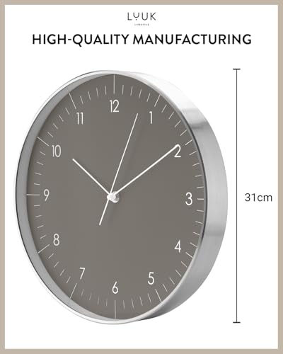 LUUK LIFESTYLE Modern Silent Quartz Wall Clock, 12in, Dark Grey & Gold | Chic & Minimalist, Non-ticking, Analog, Arabic numerals, Easy-to-read, Battery operated, for Living Room, Mantel, Foyer - color: Dark Grey, 12"
